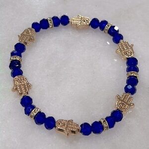Blue Cobalt Beaded Gold Hand of Fatima (Hamsa) Glass Stretch Bracelet